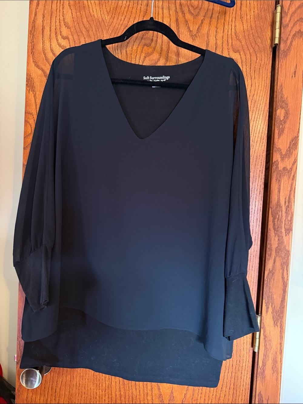 Soft Surroundings Black V-Neck Sheer Sleeve Blouse